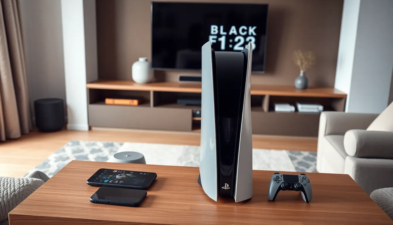 PlayStation 5 in a modern living room with Black Friday deals displayed.