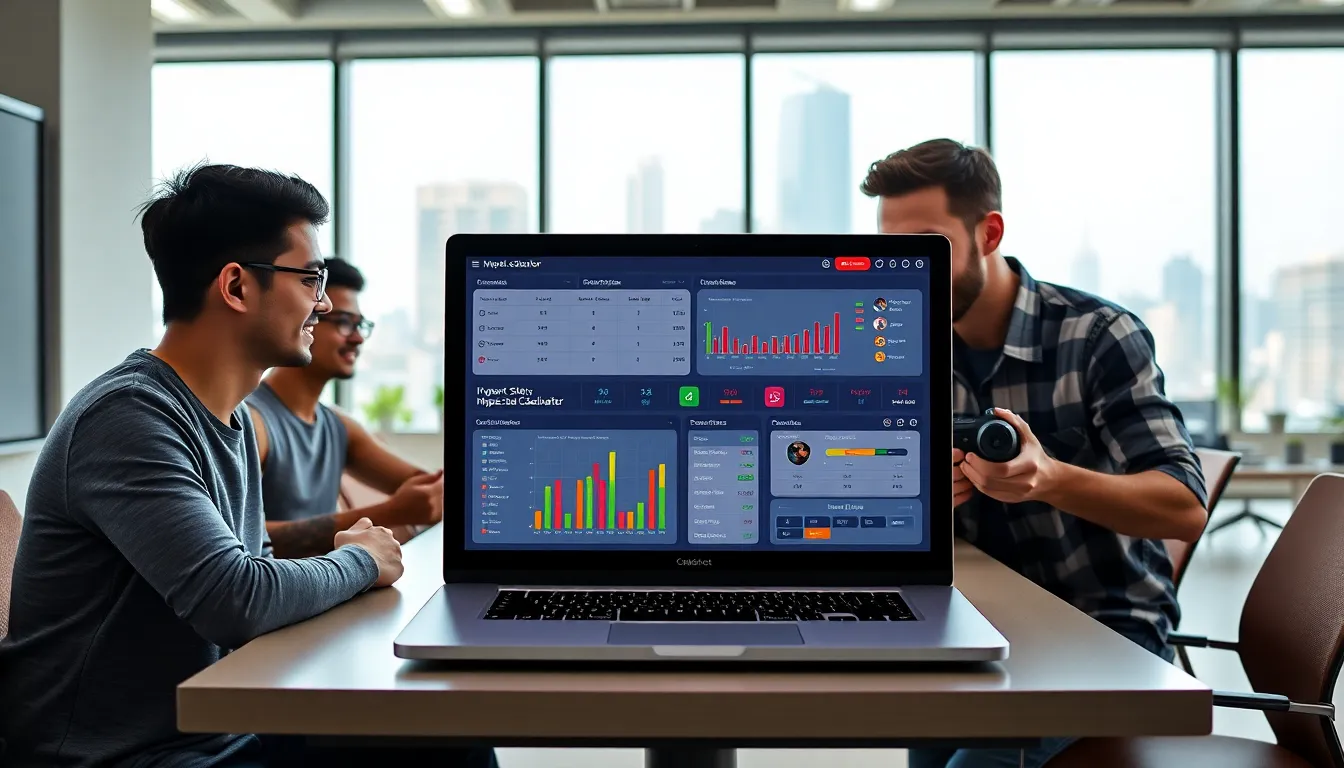 gamers discussing a MapleStory Hyper Stat Calculator in a modern office.