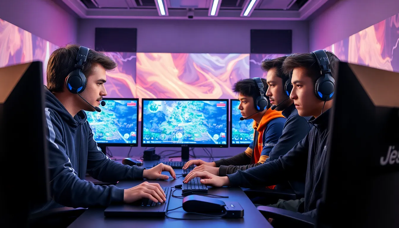 diverse esports team focused on a League of Legends game.