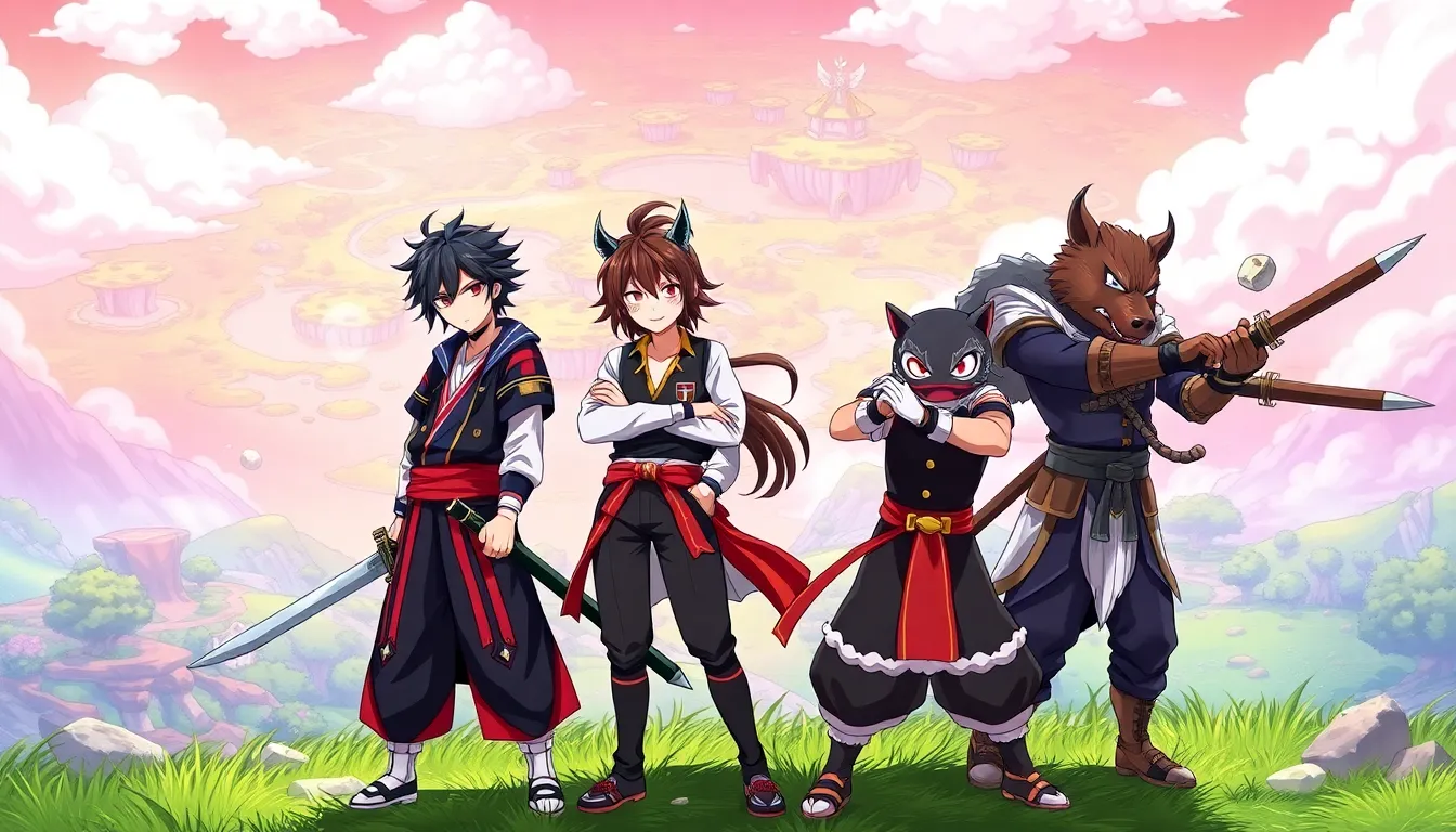 anime characters from 'Demon Slayer' in a vibrant fantasy landscape.
