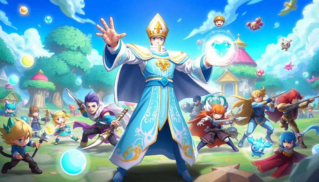 MapleStory Bishop casting a healing spell in a fantasy setting.