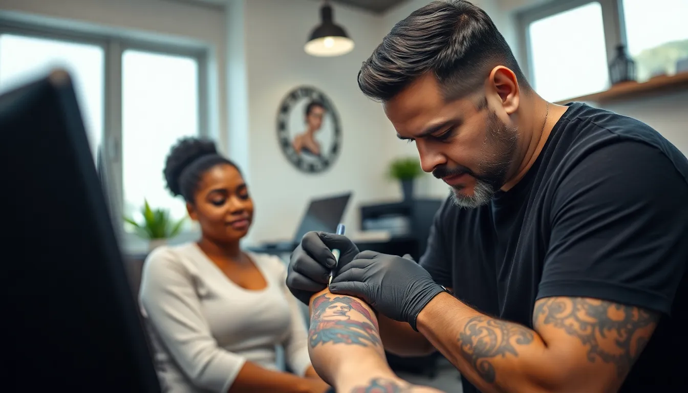 tattoo artist working on a League of Legends tattoo in a modern studio.