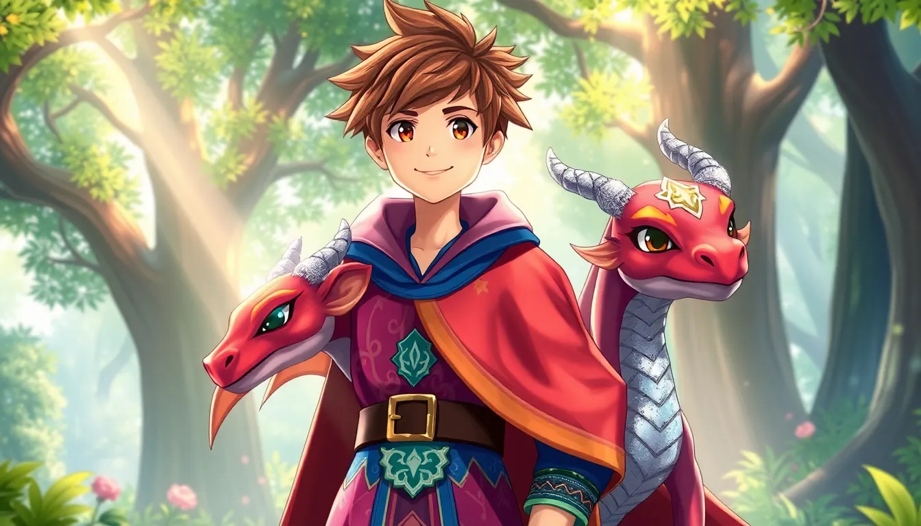Evan the wizard with his dragon companion in a magical forest.