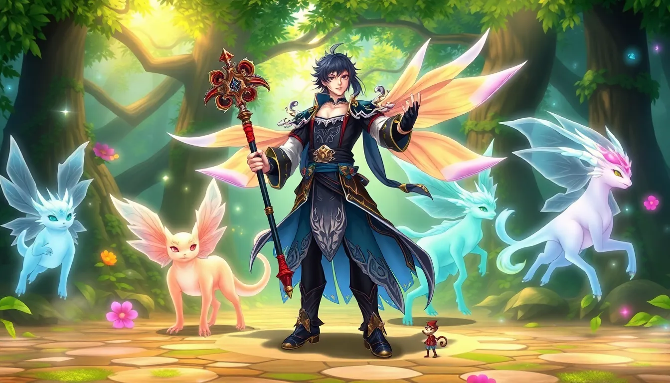 Ark from MapleStory summoning Anima creatures in a vibrant forest.