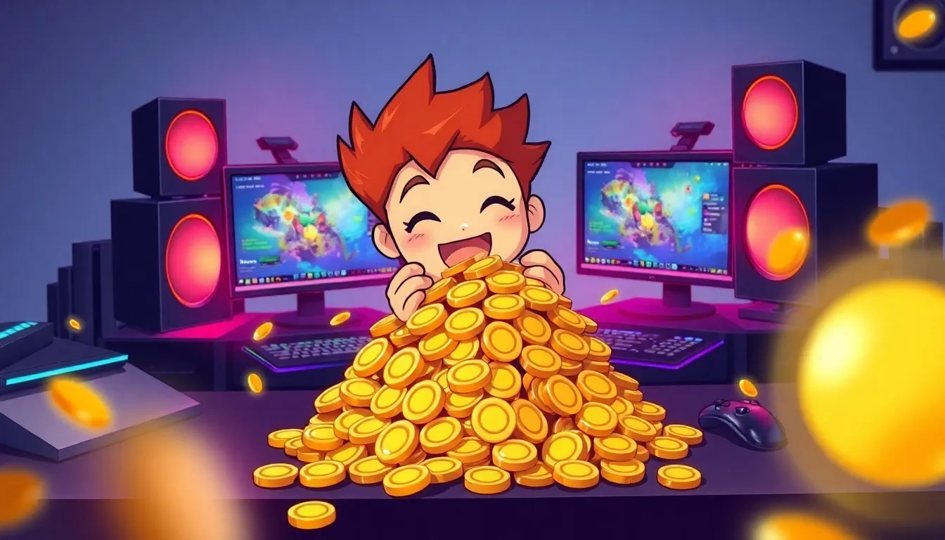 MapleStory character counting Mesos at a modern gaming desk.