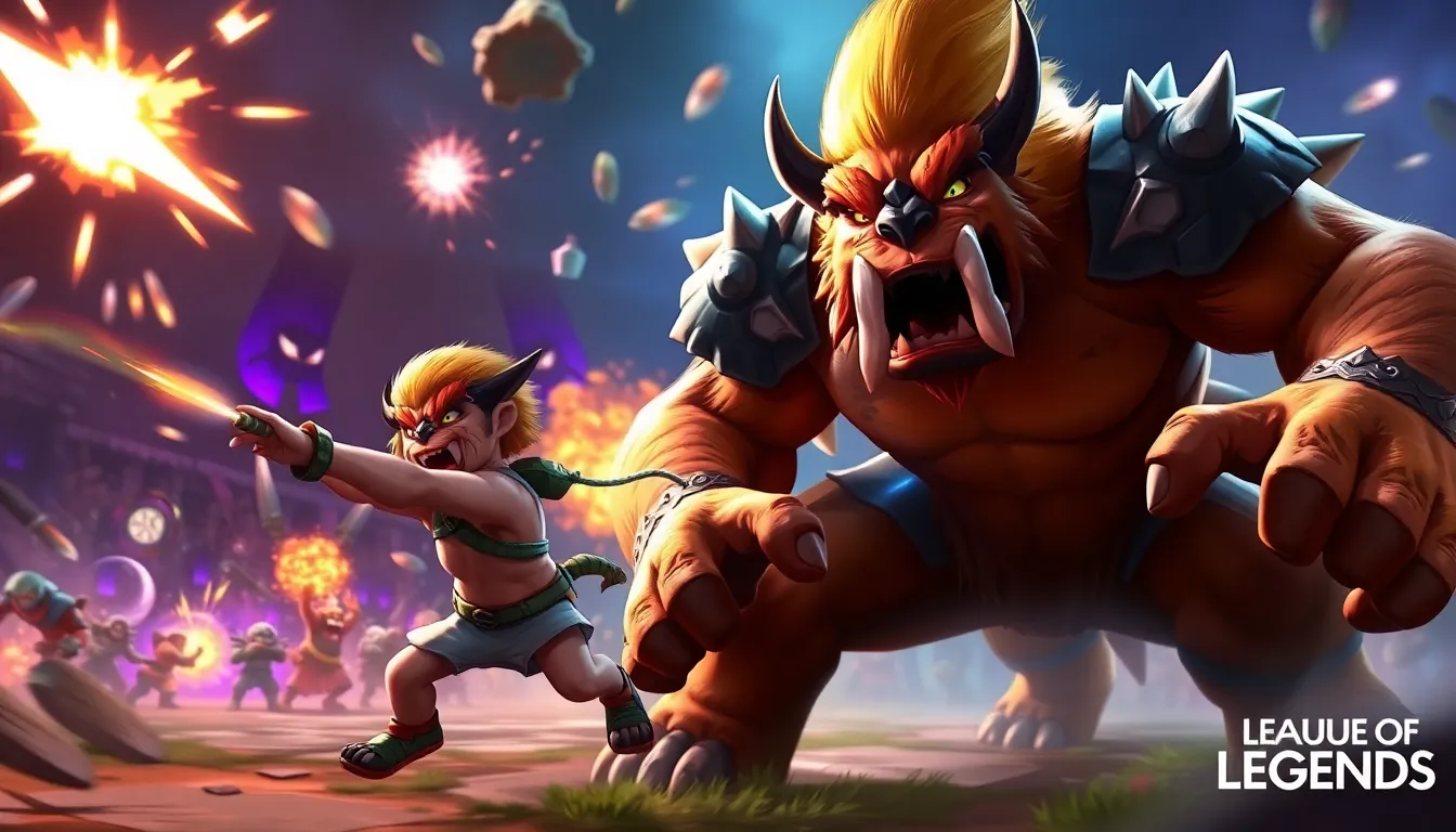 Gnar in League of Legends, showcasing his Mini-Gnar and Mega-Gnar forms.