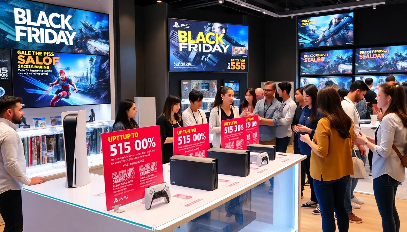 electronic store showcasing PS5 Black Friday deals with shoppers.