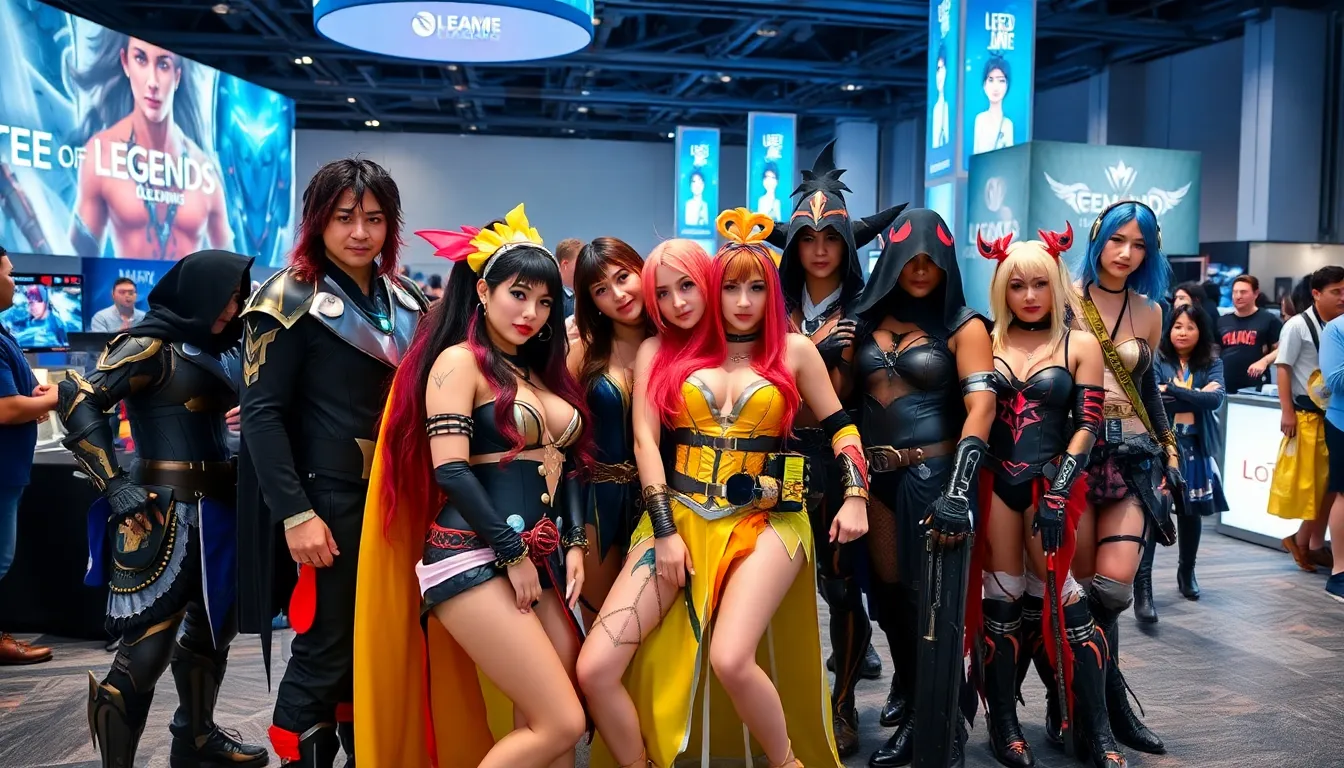 diverse cosplayers at a League of Legends event in a modern setting.